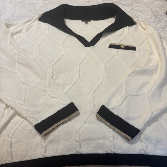 Talbots Women's 2XL Cream With Black Accents Cable Knit V-Neck Sweater Gold Trim - Picture 1 of 7